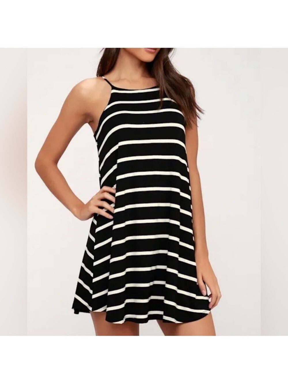 Lulus Womens Step Right Up Black and White Striped Swing Dress Sleeveless Sz: XS